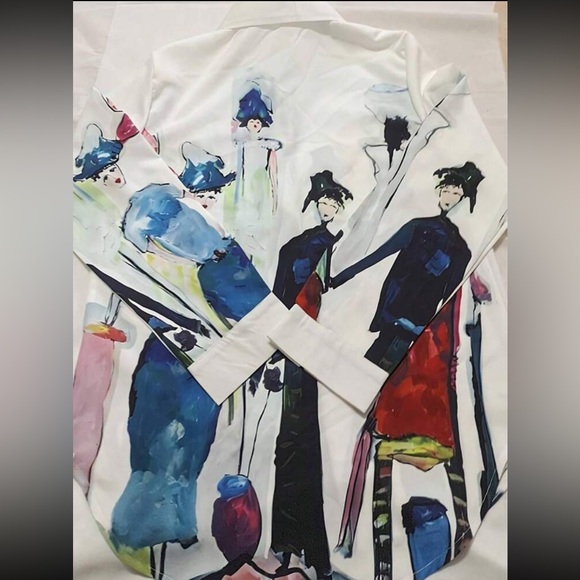 Boho Pop Art Fashion Button Down Up Shirt Top Blouse White - Picture 2 of 7